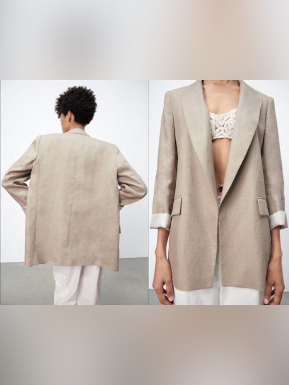 ZARA 2022 Oversized 100% Linen Blazer XS Striped Cuffs
